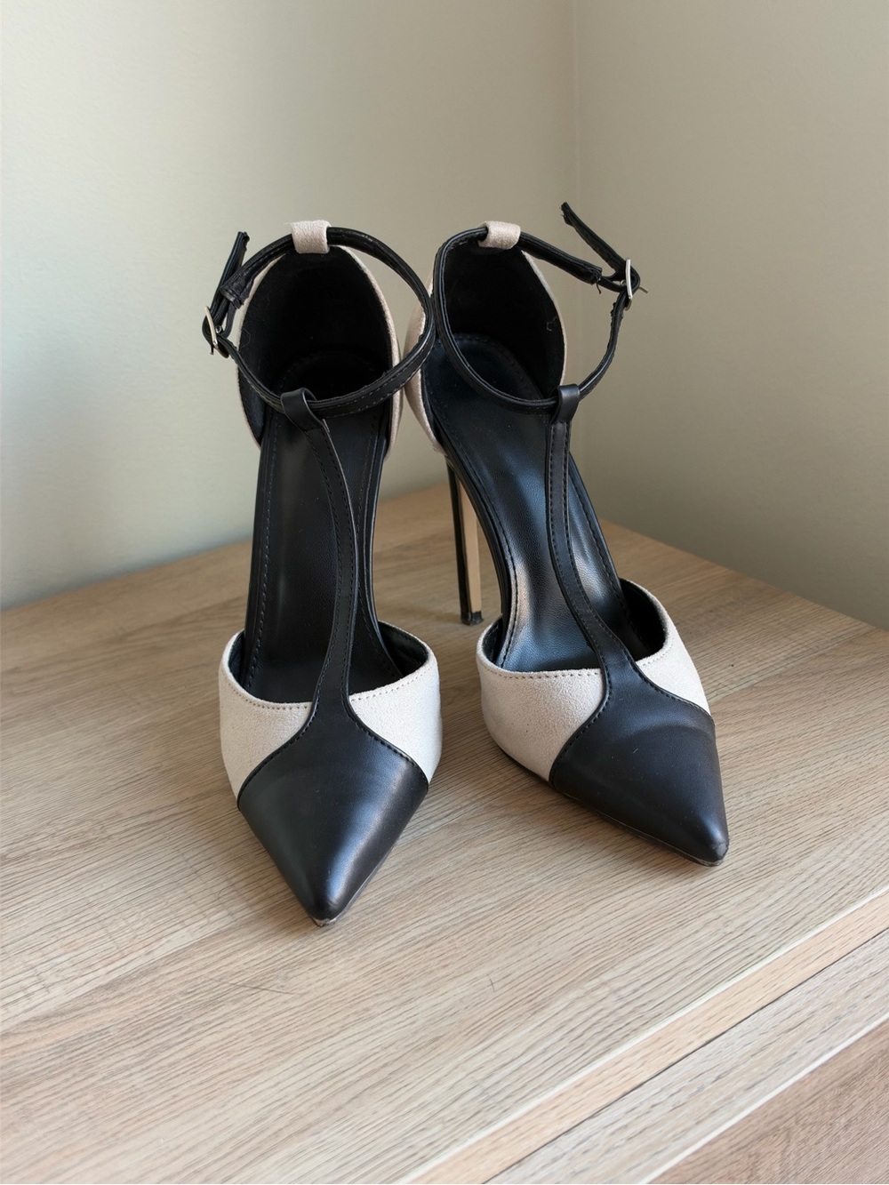 Black and Cream T-Strap Pointed-Toe Stiletto Heels